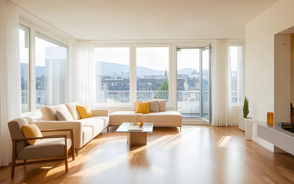 Helle moderne Wohnung in Zürich mit grossen Fenstern und Holzboden